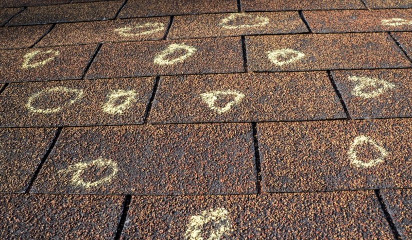 Hail dents on a metal roof panel inspected by Platinum Home Exteriors