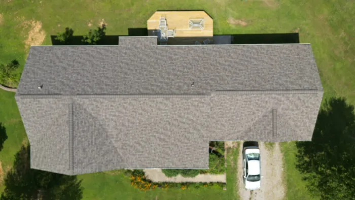 top down view of a large shingle roof built by platinum home exteriors in New Martinsville, West Virginia
