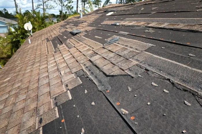 damaged shingle roof before repair