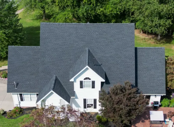 black shingle roof with a high angle